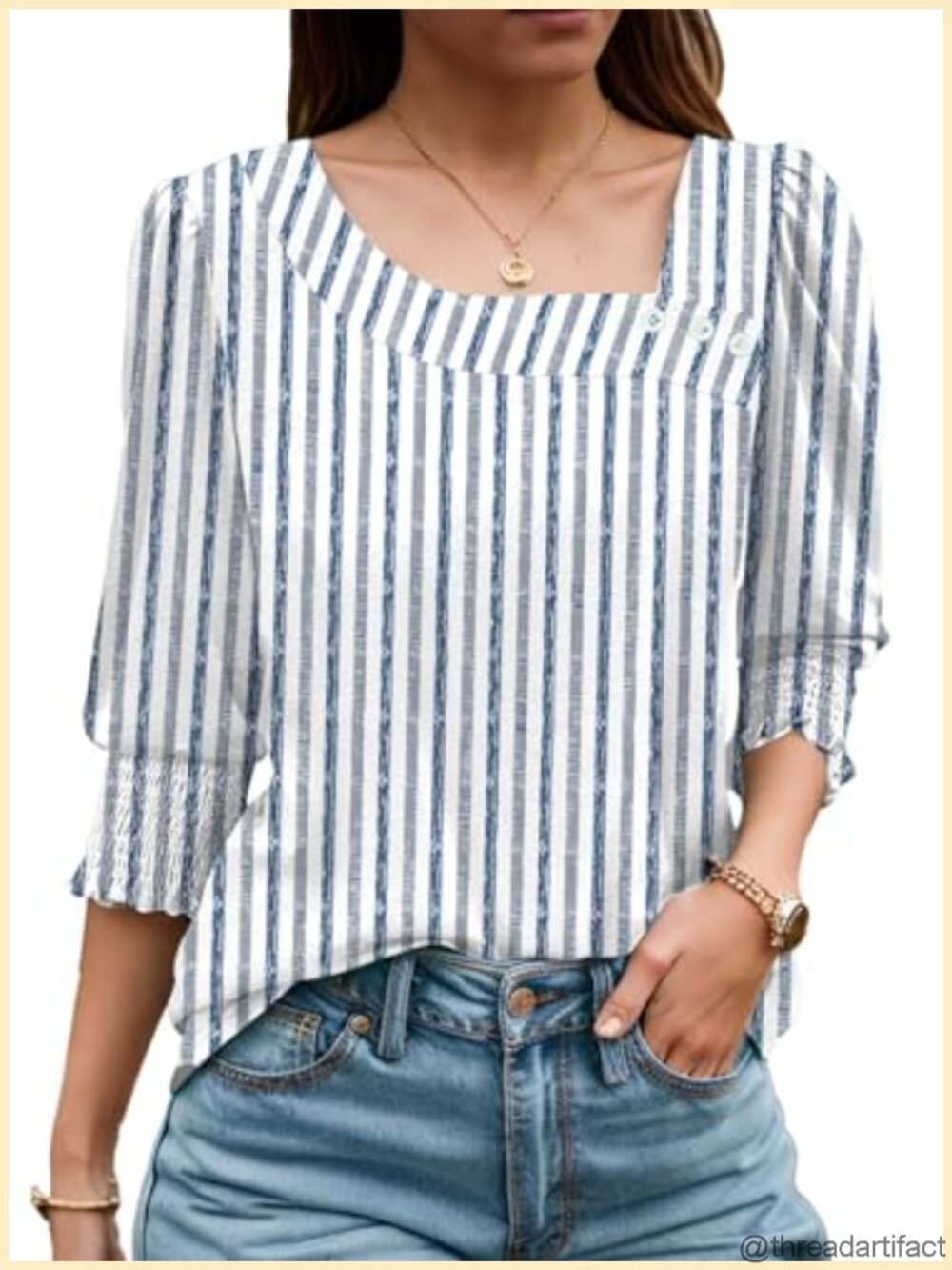 Womens Tunic Top Square Neck 3/4 Sleeve Smocked Cuffs Smocked Blouse